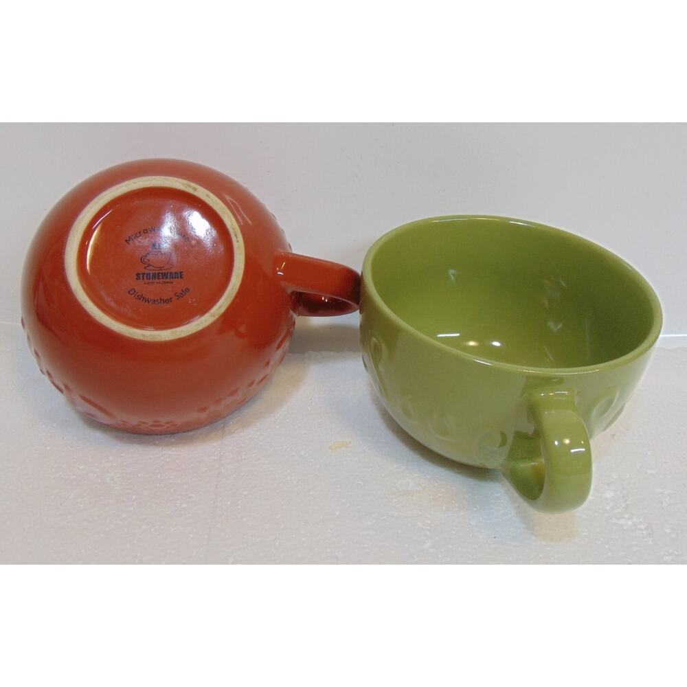 Soup Bowls With Handles KIC Stoneware Chili Green Brown 5" Embossed Letters VTG - Picture 9 of 11